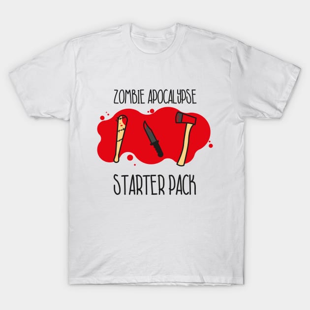 Zombie Apocalypse Starter Pack Baseball Bat Knife Axe Blood Splatter T-Shirt by udesign